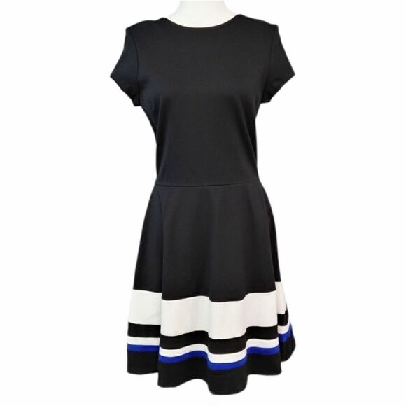 Love...Ady Fit & Flare Black White Royal Blue Flattering Dress Size Medium Crew - Picture 2 of 8
